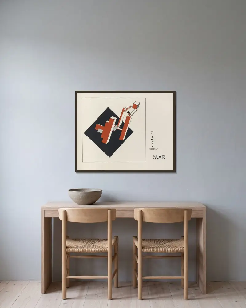 Suprematisch worden van tWee kWA drA ten in 6 konstrukties Pl. 10 av El Lissitzky inramad på en vägg