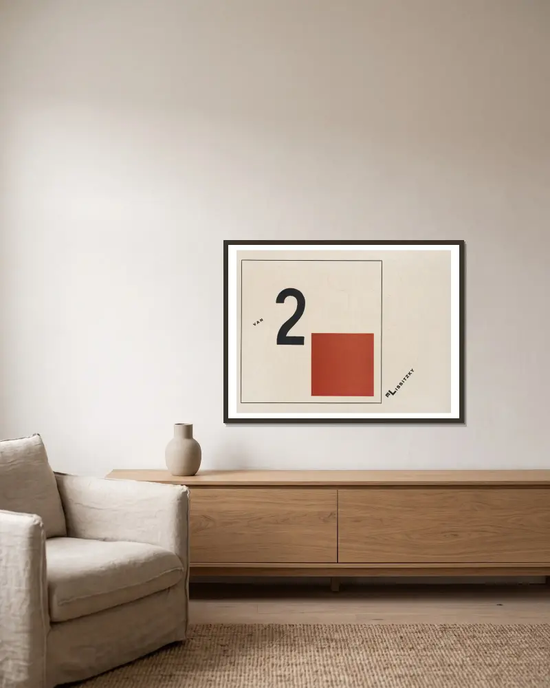Suprematisch worden van tWee kWA drA ten in 6 konstrukties Pl. 2 av El Lissitzky inramad på en vägg