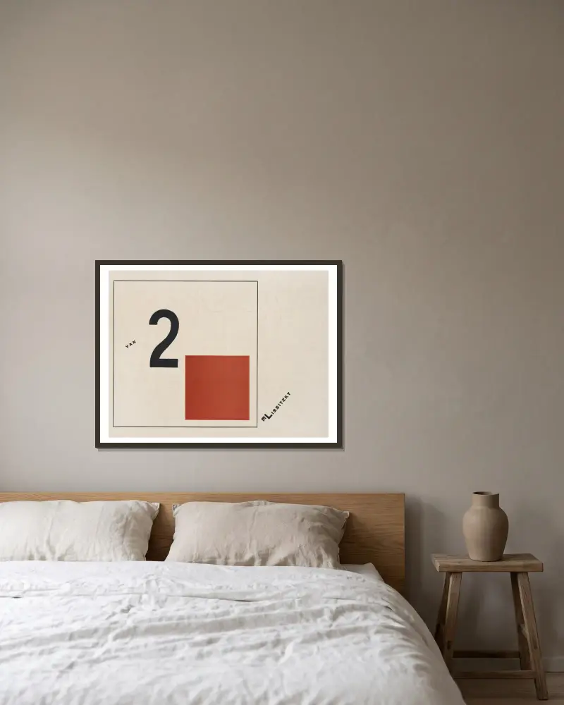 Suprematisch worden van tWee kWA drA ten in 6 konstrukties Pl. 2 av El Lissitzky inramad på en vägg