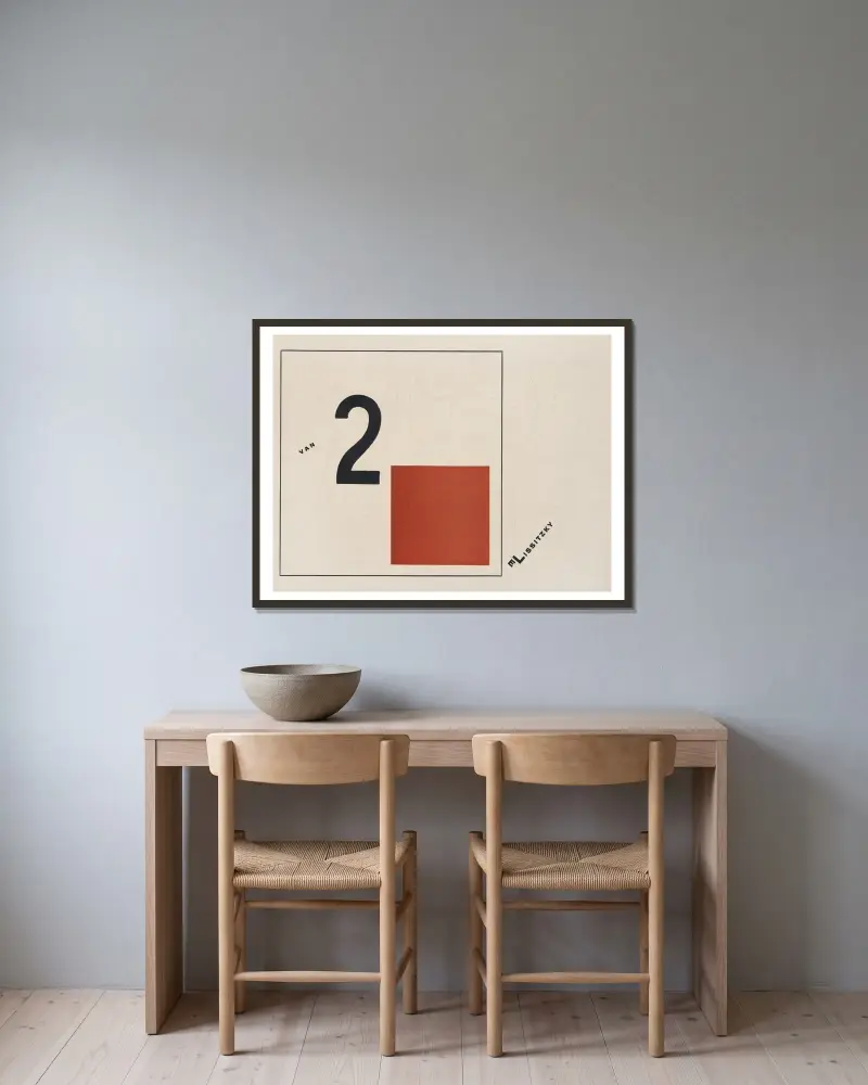 Suprematisch worden van tWee kWA drA ten in 6 konstrukties Pl. 2 av El Lissitzky inramad på en vägg