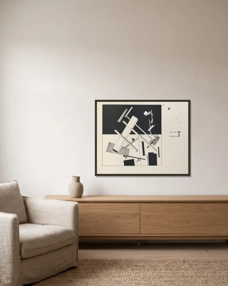 Suprematische Gestaltung von zwei Grundformen in sechs Konstruktionen, Taf. 6 von El Lissitzky gerahmt an einer Wand