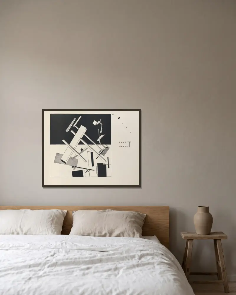 Suprematische Gestaltung von zwei Grundformen in sechs Konstruktionen, Taf. 6 von El Lissitzky gerahmt an einer Wand