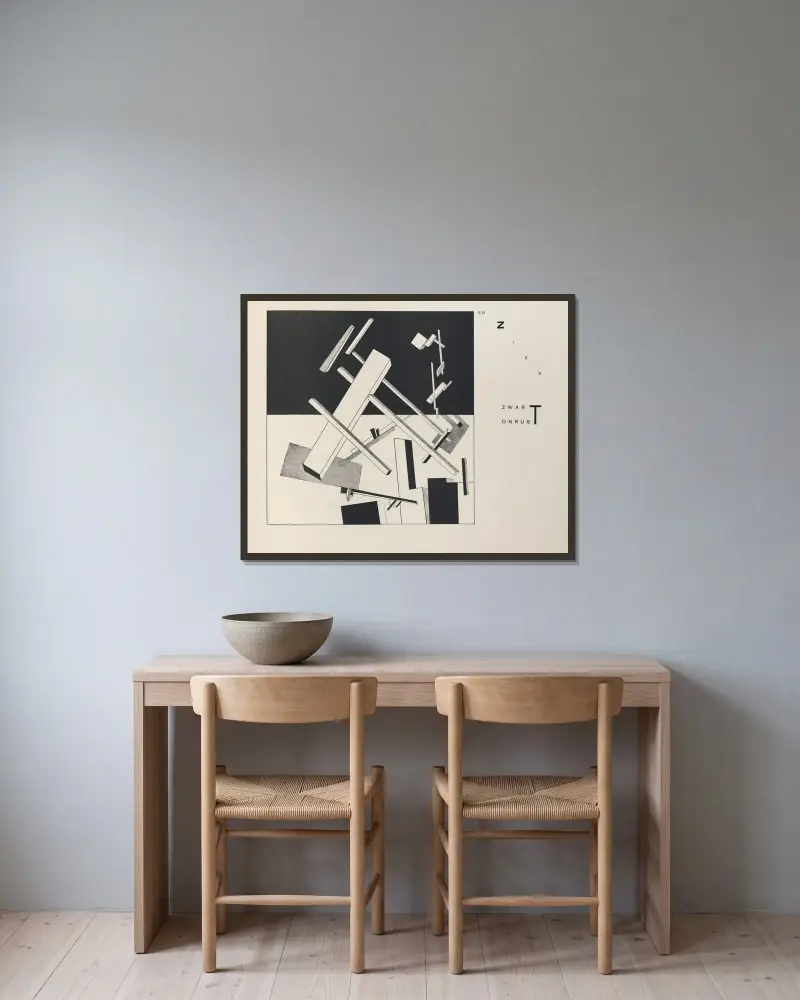 Suprematische Gestaltung von zwei Grundformen in sechs Konstruktionen, Taf. 6 von El Lissitzky gerahmt an einer Wand