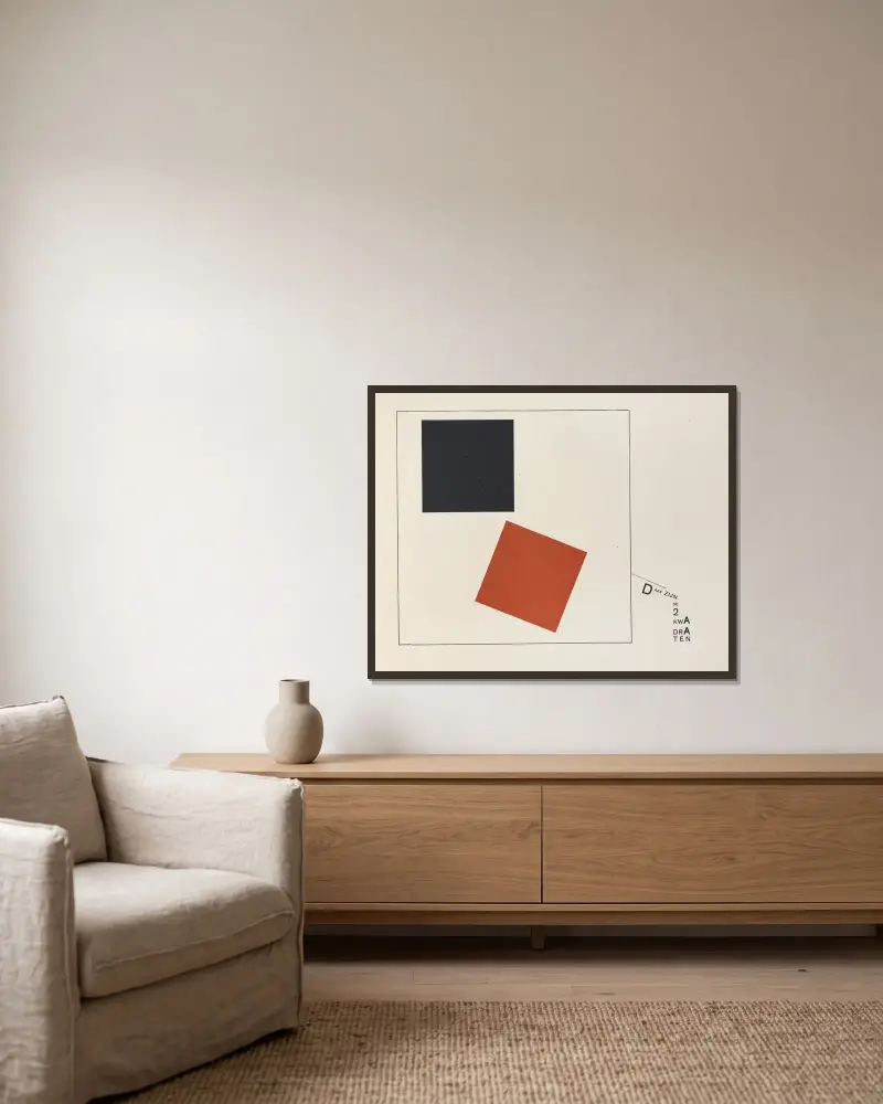 Suprematisk utveckling av två kvadrater i 6 konstruktioner, pl. 7 av El Lissitzky inramad på en vägg