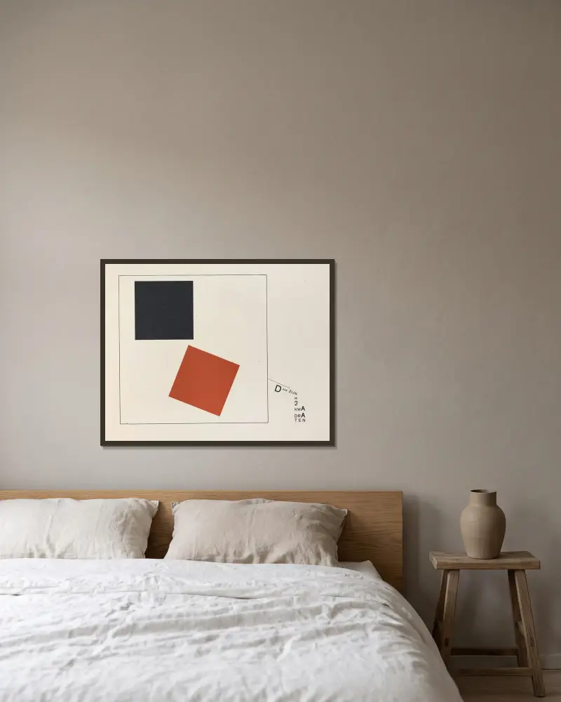 Suprematisk utveckling av två kvadrater i 6 konstruktioner, pl. 7 av El Lissitzky inramad på en vägg