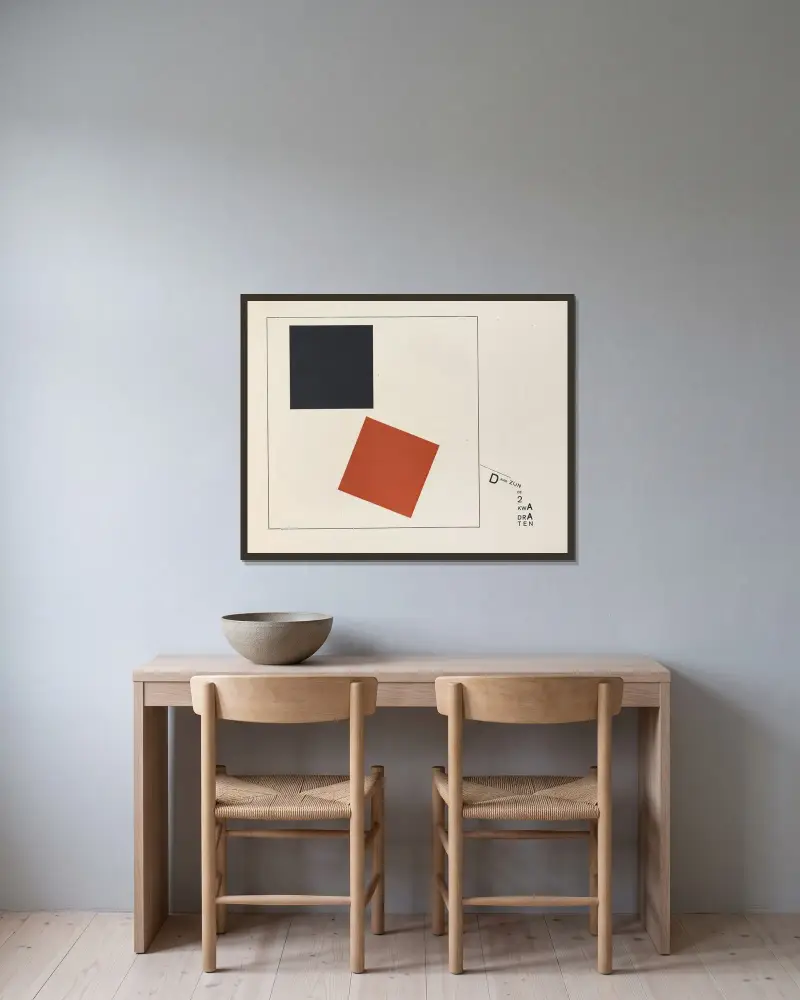 Suprematisk utveckling av två kvadrater i 6 konstruktioner, pl. 7 av El Lissitzky inramad på en vägg