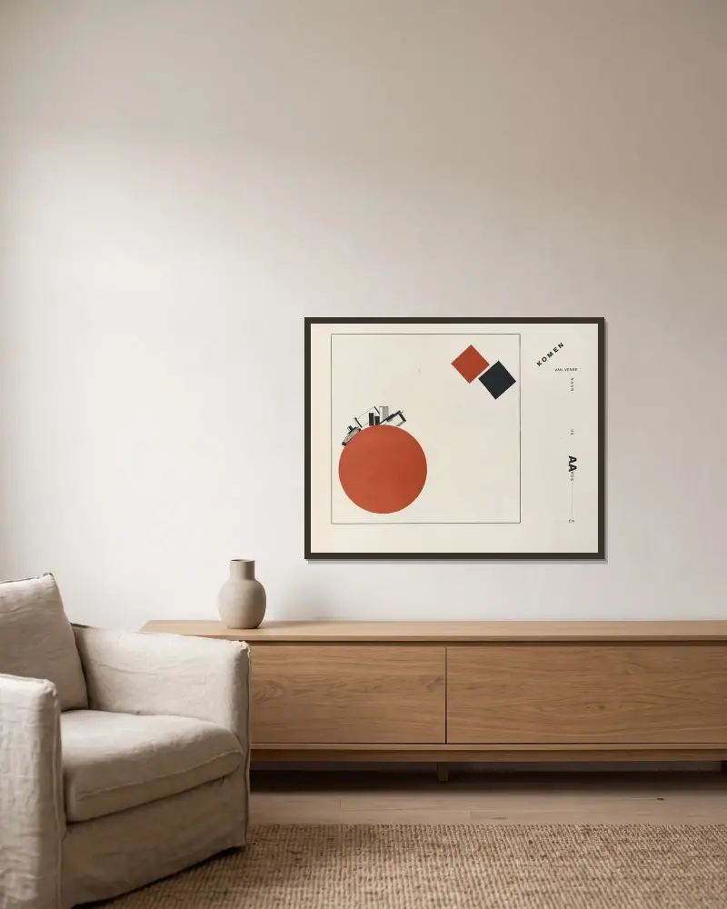 Suprematisch worden van tWee kWA drA ten in 6 konstrukties Pl. 8 av El Lissitzky inramad på en vägg