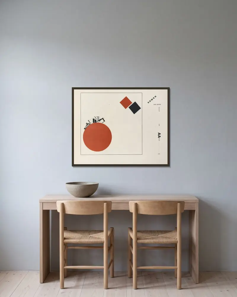 Suprematisch worden van tWee kWA drA ten in 6 konstrukties Pl. 8 av El Lissitzky inramad på en vägg