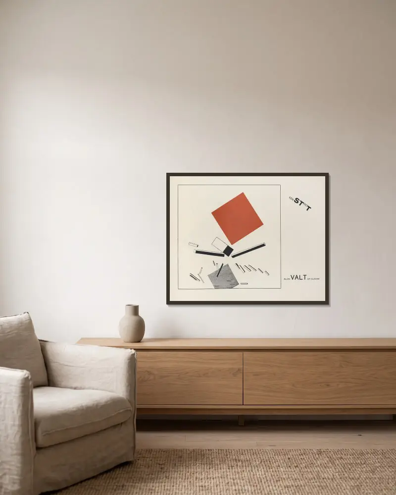 Suprematisk utsaga om två kvadrater i 6 konstruktioner Pl. 9 av El Lissitzky inramad på en vägg