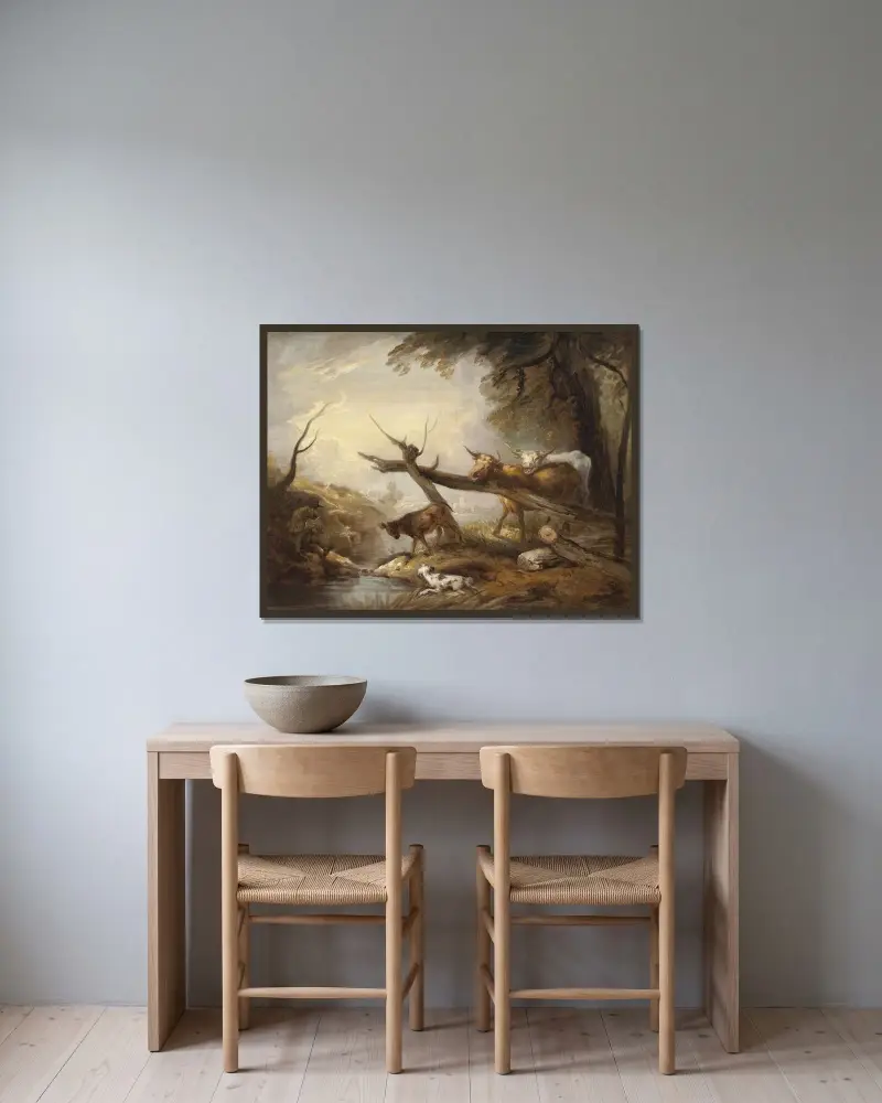 Boskap vid en bäck av Elias Martin inramad på en vägg
