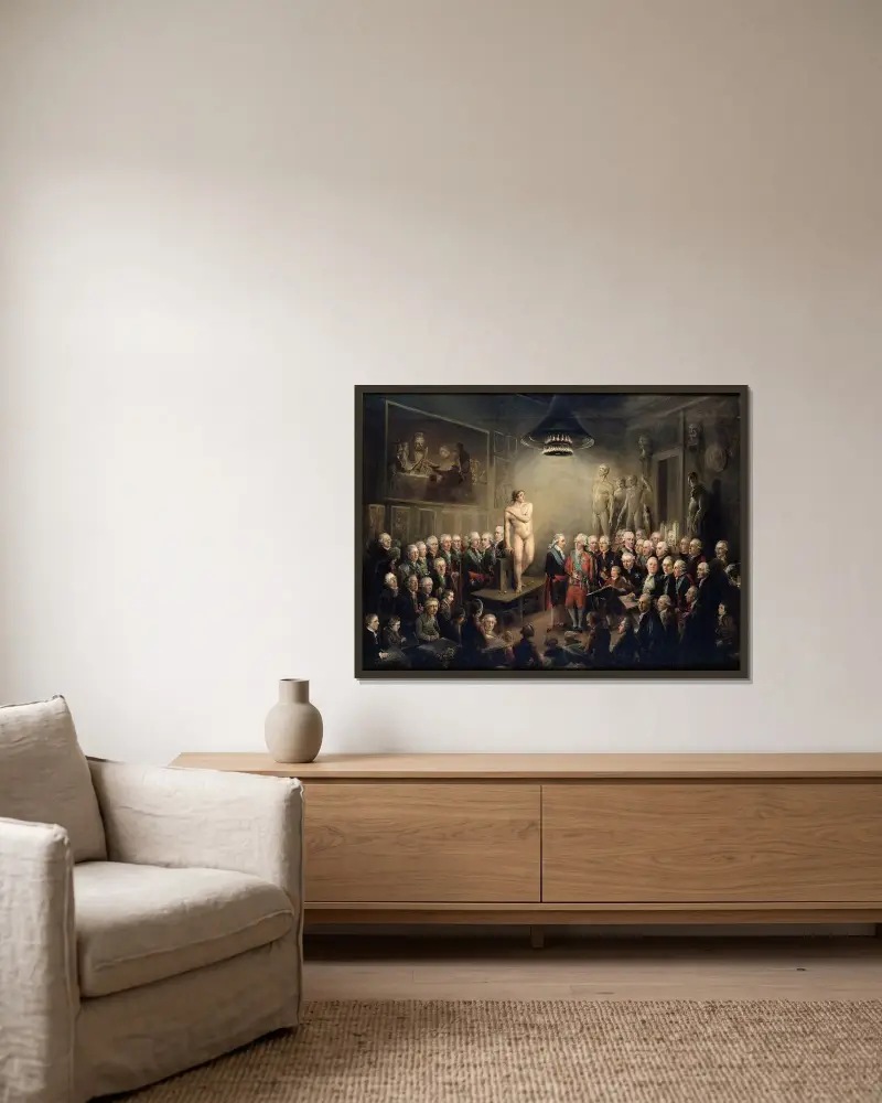 Gustav III.s Besuch der Königlichen Kunstakademie von Elias Martin gerahmt an einer Wand