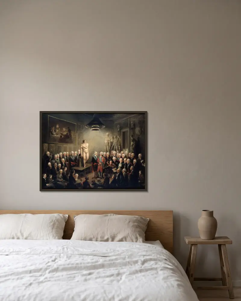 Gustav III.s Besuch der Königlichen Kunstakademie von Elias Martin gerahmt an einer Wand
