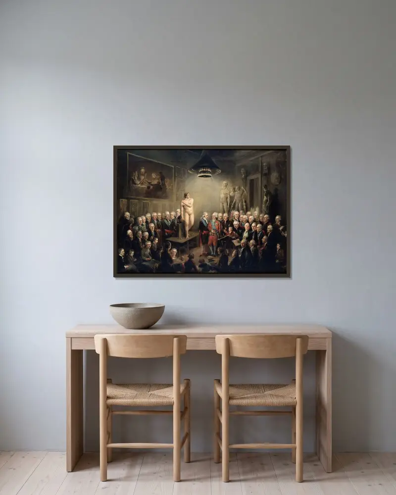 Gustav III.s Besuch der Königlichen Kunstakademie von Elias Martin gerahmt an einer Wand