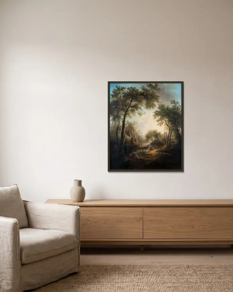 Sommerlandschaft mit Wasser und hohen Bäumen von Elias Martin gerahmt an einer Wand