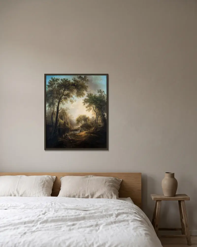 Sommerlandschaft mit Wasser und hohen Bäumen von Elias Martin gerahmt an einer Wand