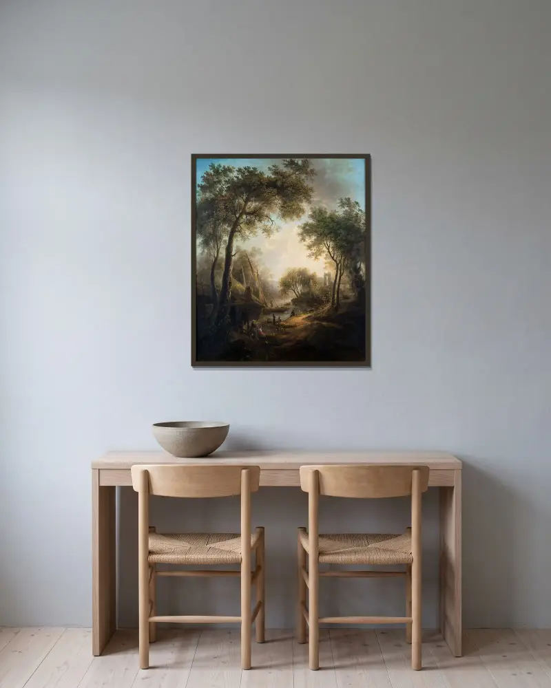Sommerlandschaft mit Wasser und hohen Bäumen von Elias Martin gerahmt an einer Wand