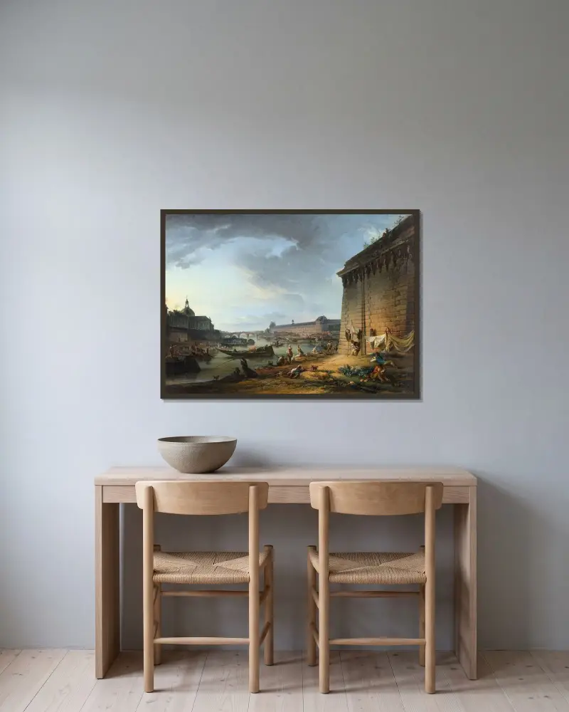 Utsikt över Paris från kajen under Pont Neuf av Elias Martin inramad på en vägg