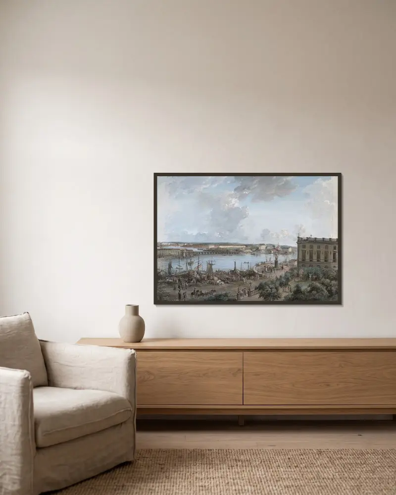 Vy över Stockholm II av Elias Martin inramad på en vägg
