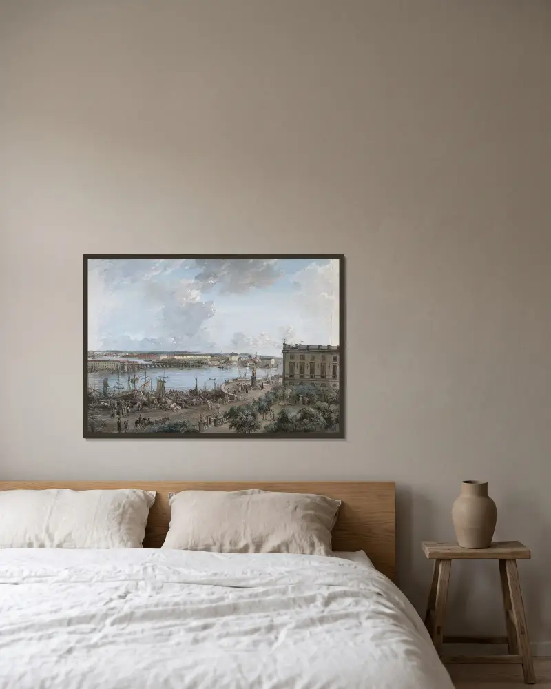 Vy över Stockholm II av Elias Martin inramad på en vägg
