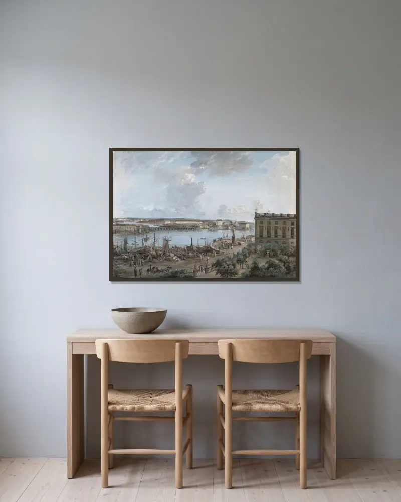 Vy över Stockholm II av Elias Martin inramad på en vägg