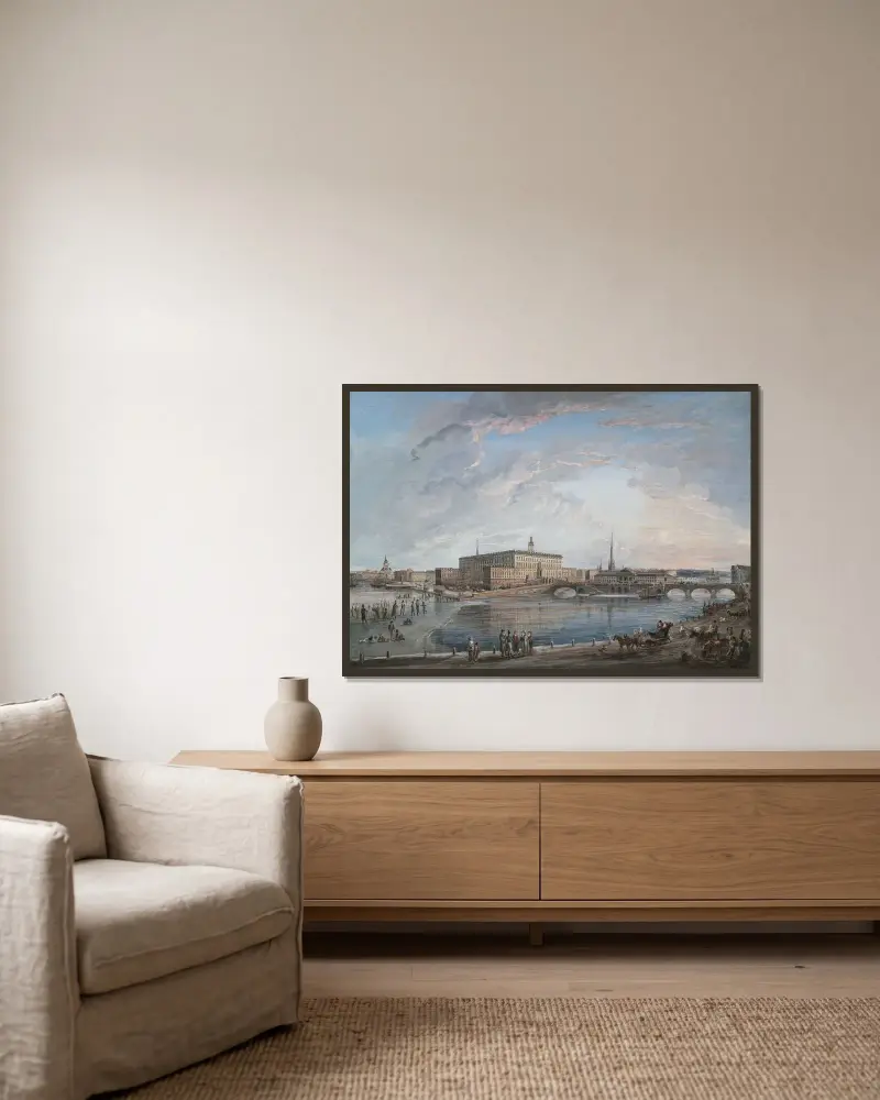 Vy över Stockholm III av Elias Martin inramad på en vägg