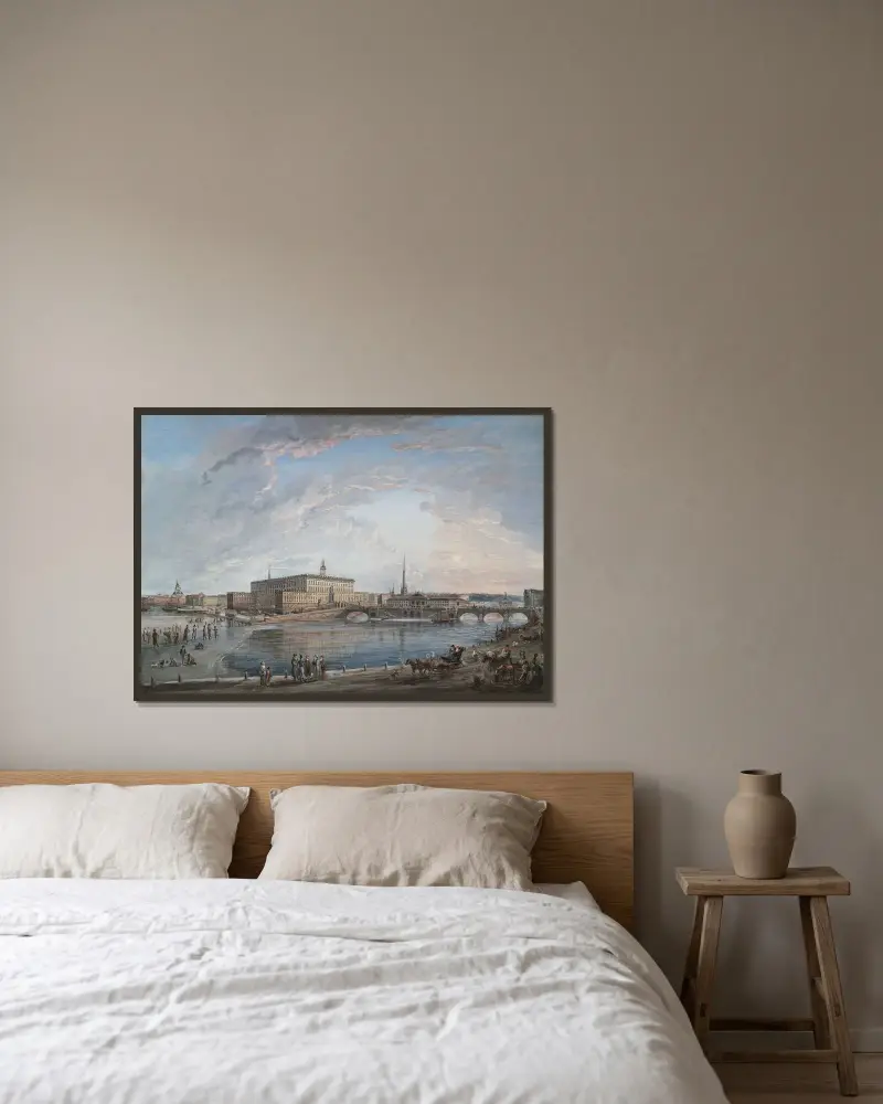 Vy över Stockholm III av Elias Martin inramad på en vägg