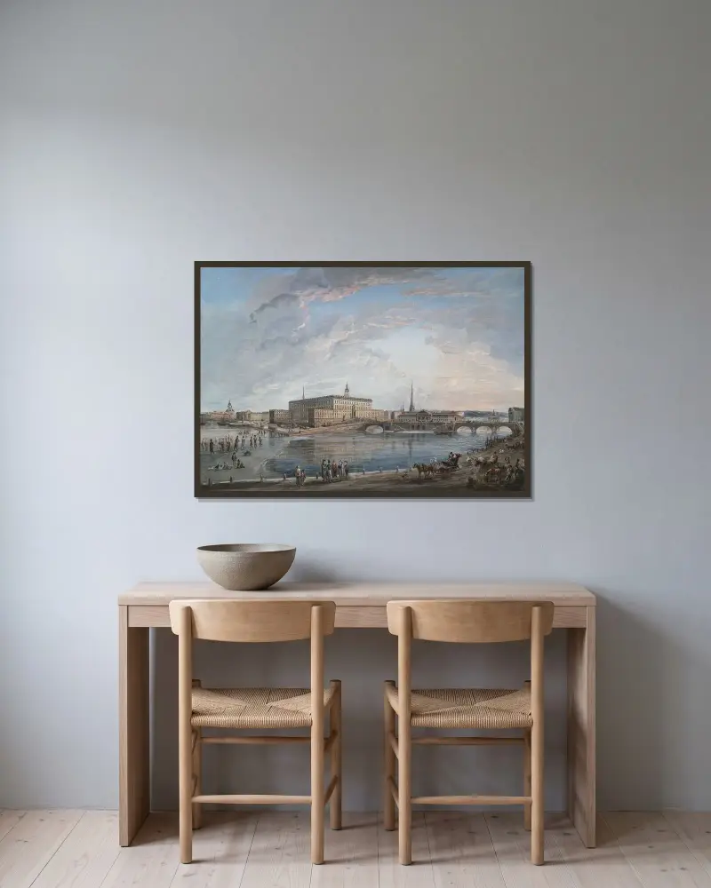 Vy över Stockholm III av Elias Martin inramad på en vägg