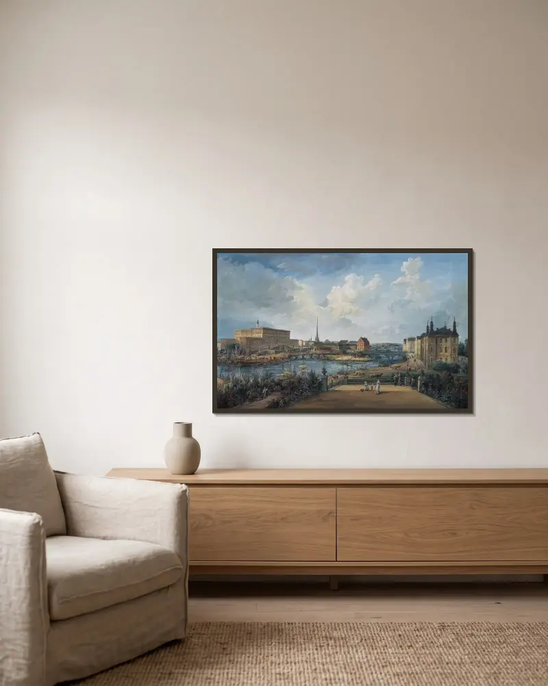 Utsikt över Stockholm IV av Elias Martin inramad på en vägg