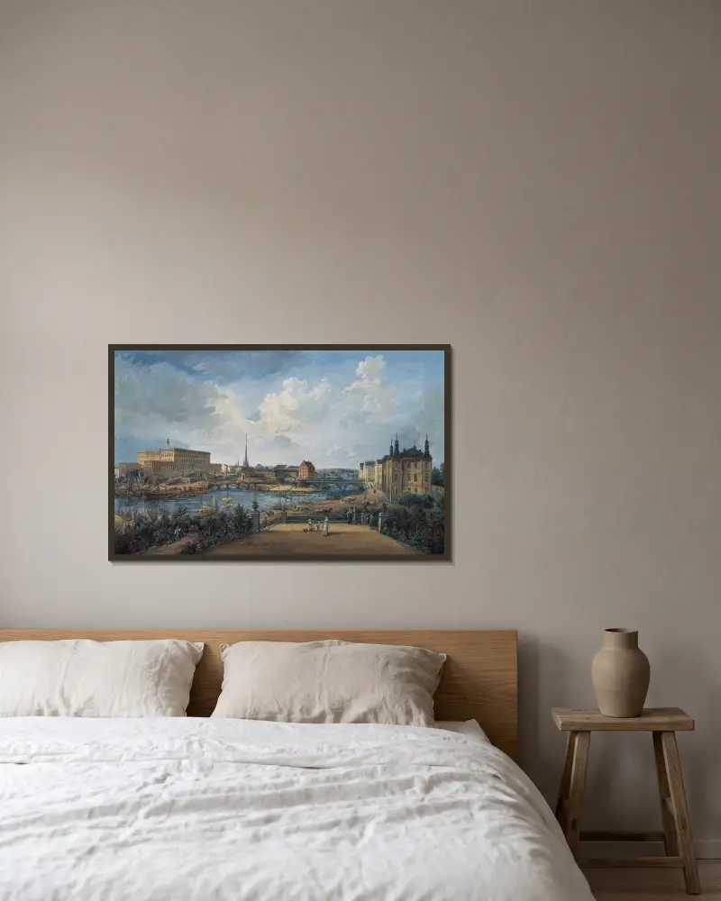 Utsikt över Stockholm IV av Elias Martin inramad på en vägg