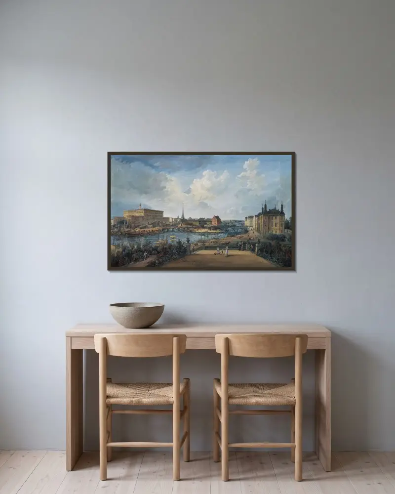 Utsikt över Stockholm IV av Elias Martin inramad på en vägg