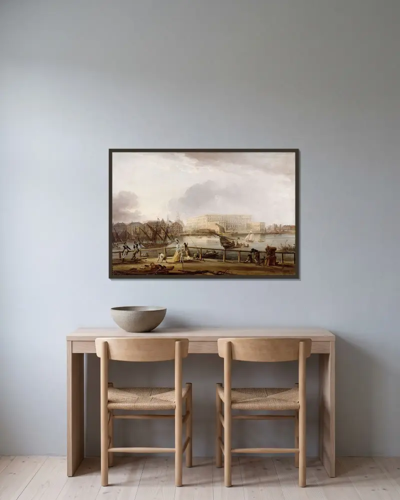 Vy över Stockholms slott från Skeppsholmsbron av Elias Martin inramad på en vägg