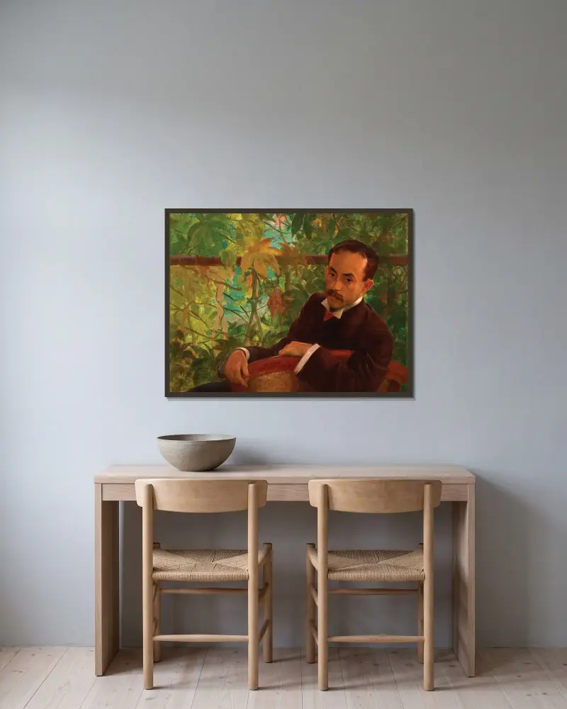 Retrato de Ovídio Romeiro av Eliseu Visconti inramad på en vägg