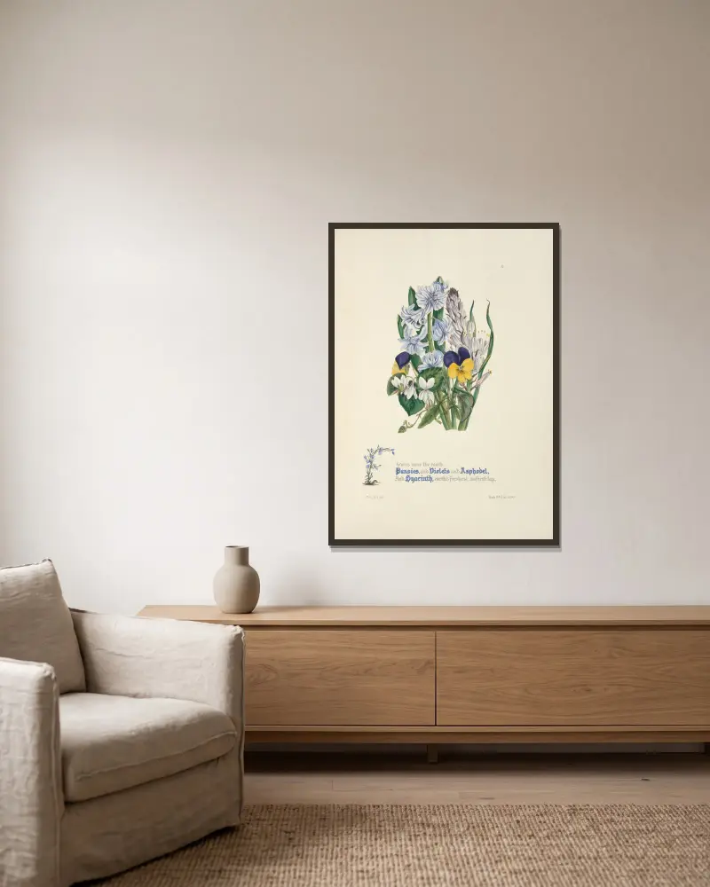 Pansies, violets, asphodel and hyacinth av Jane Elizabeth Giraud inramad på en vägg