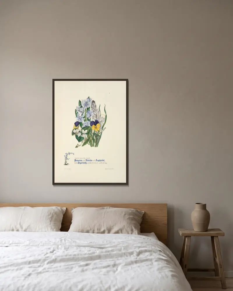 Pansies, violets, asphodel and hyacinth av Jane Elizabeth Giraud inramad på en vägg