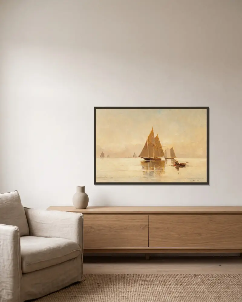 Segelboote am Abend von Emil Carlsen gerahmt an einer Wand