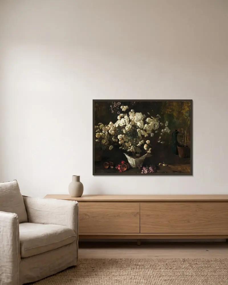 Still Life of Chrysanthemums av Emil Carlsen inramad på en vägg