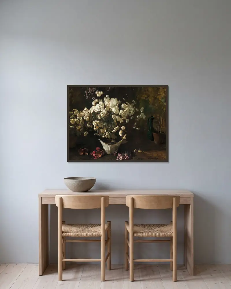 Still Life of Chrysanthemums av Emil Carlsen inramad på en vägg