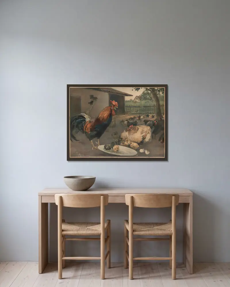 Kohout, slepice a kuřátka, Emil Schmidt v rámu na stěně