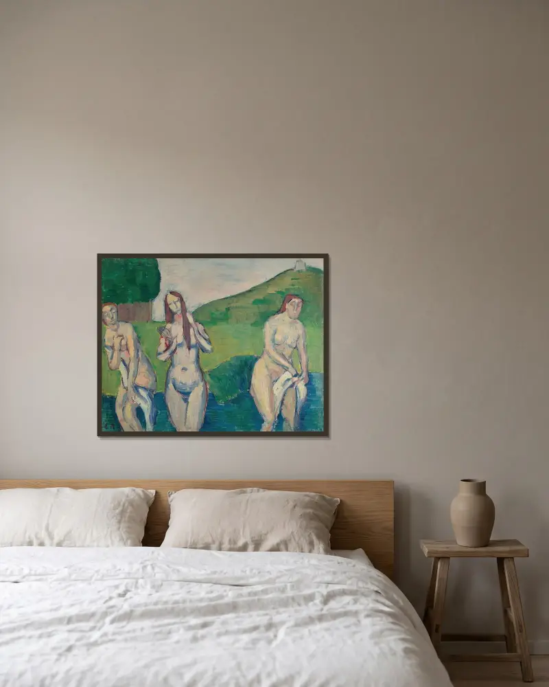 Badande kvinnor av Emile Bernard inramad på en vägg