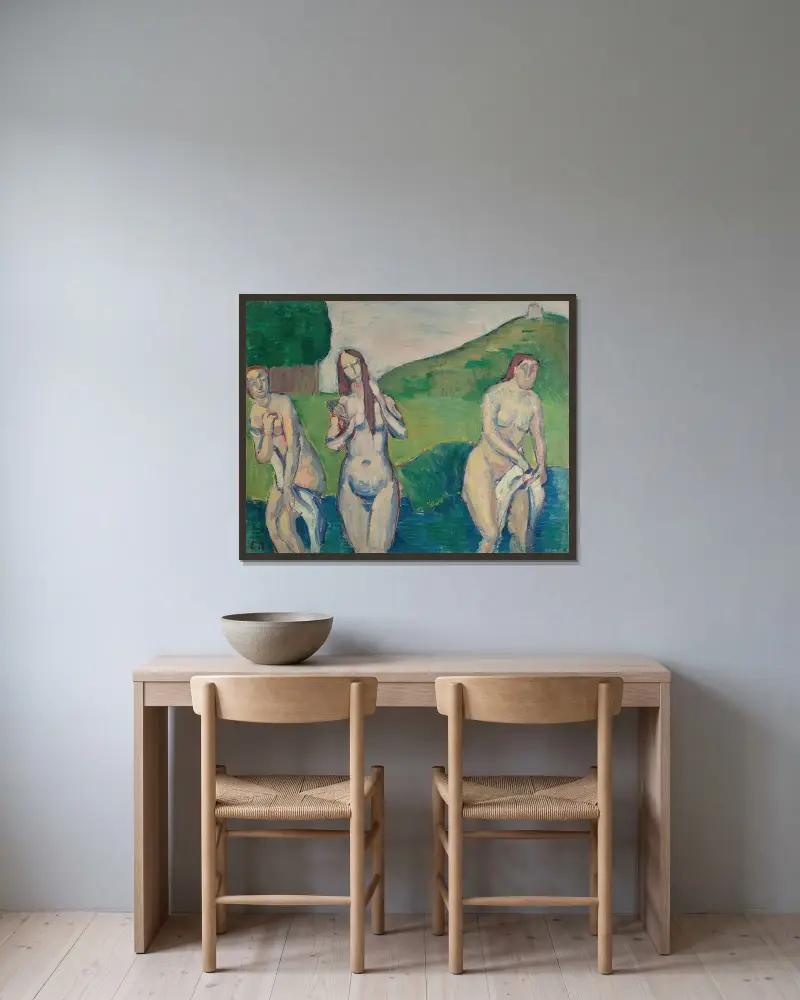 Badande kvinnor av Emile Bernard inramad på en vägg