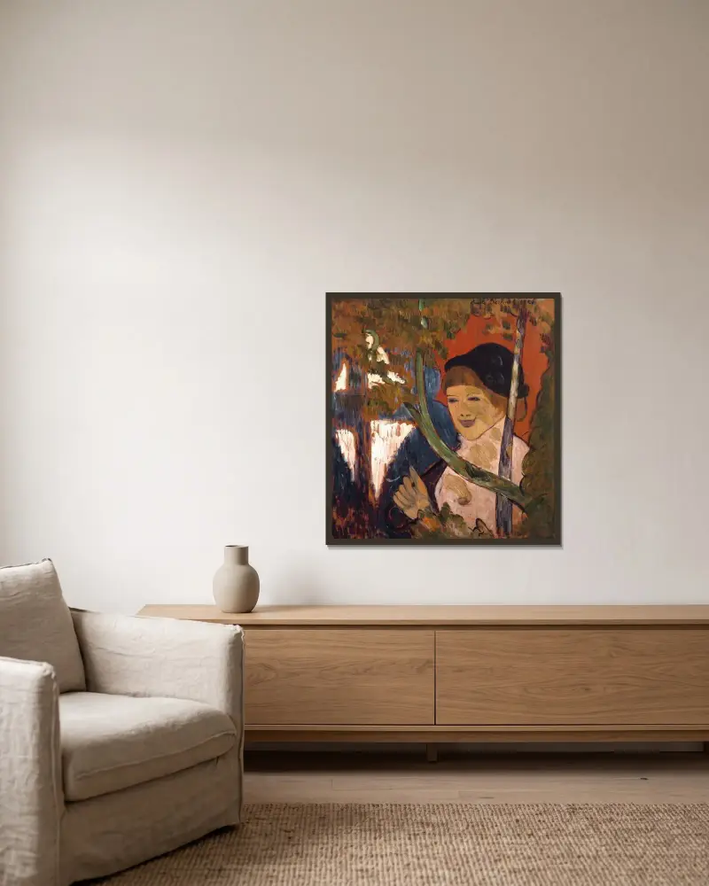 Bretonsk flicka med rött paraply av Emile Bernard inramad på en vägg