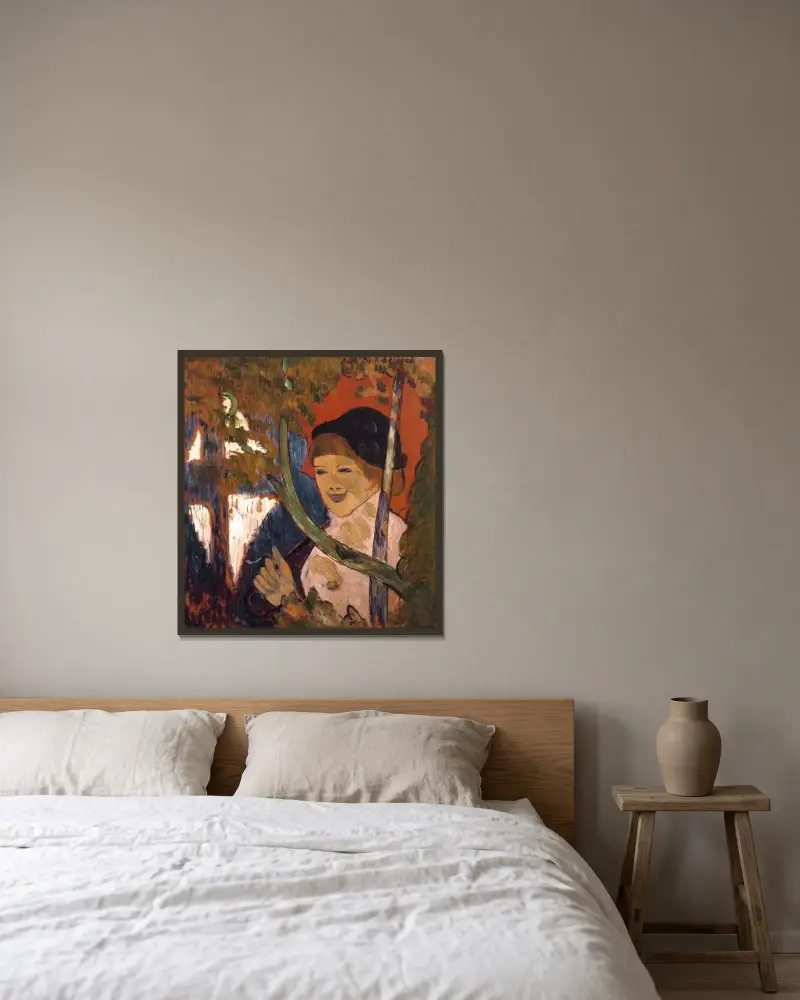 Bretonsk flicka med rött paraply av Emile Bernard inramad på en vägg