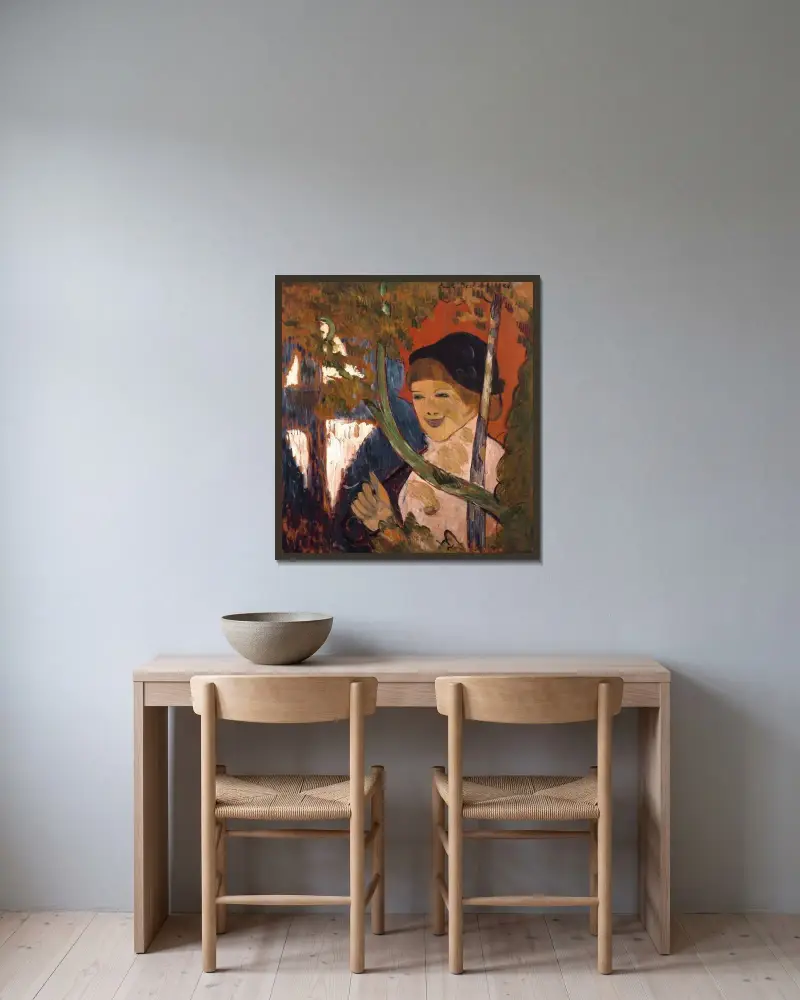 Bretonsk flicka med rött paraply av Emile Bernard inramad på en vägg