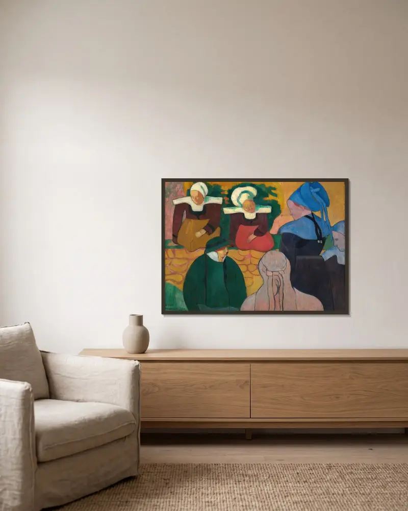 Bretonska kvinnor vid en mur av Emile Bernard inramad på en vägg