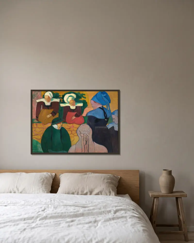 Bretonska kvinnor vid en mur av Emile Bernard inramad på en vägg