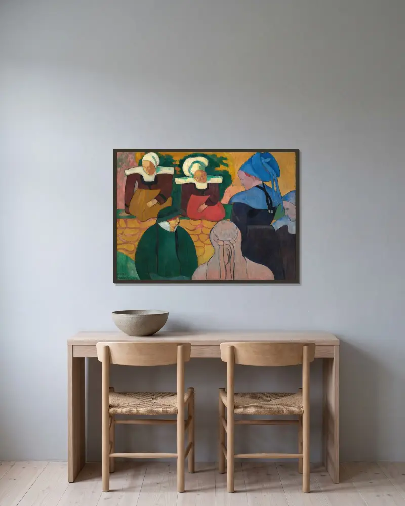 Bretonska kvinnor vid en mur av Emile Bernard inramad på en vägg