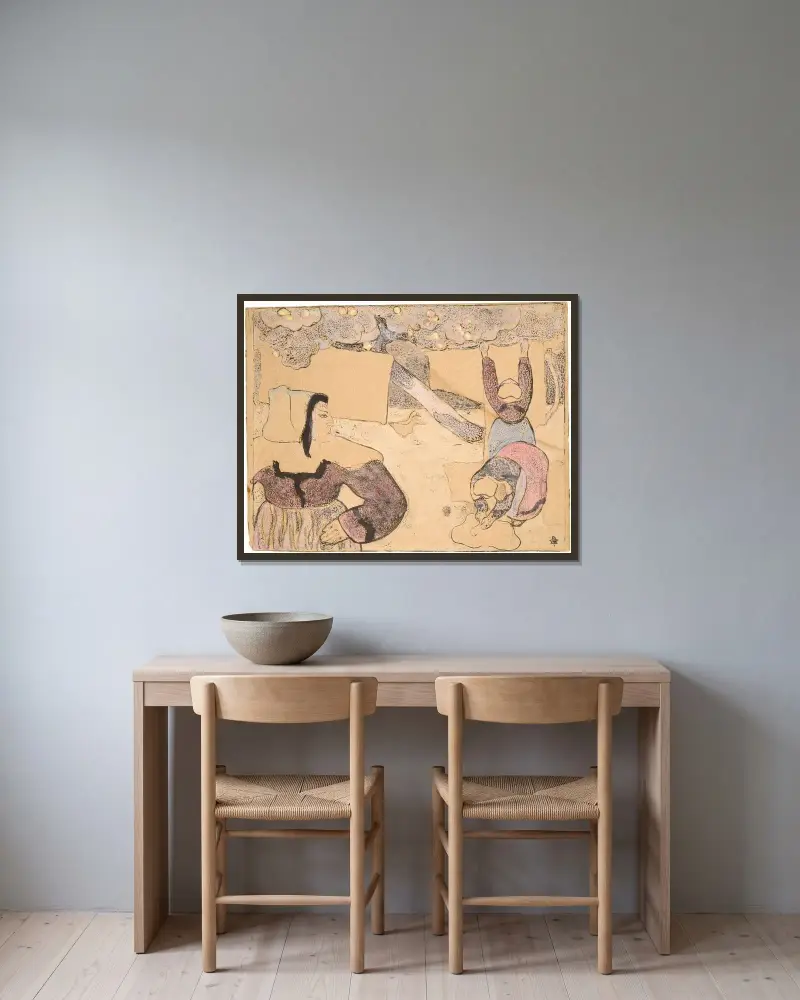 Bretonin, die Wäsche aufhängt, Blatt aus Bretonnerie von Emile Bernard gerahmt an einer Wand