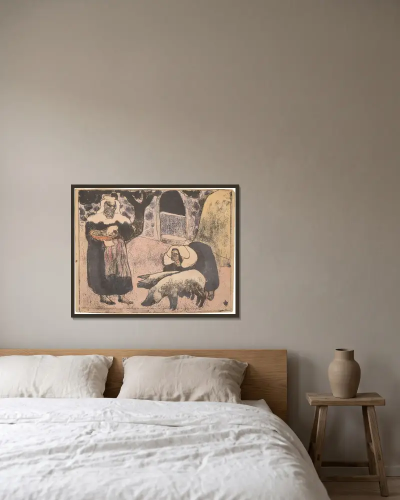 Bretonsk kvinna som utfodrar grisar av Emile Bernard inramad på en vägg