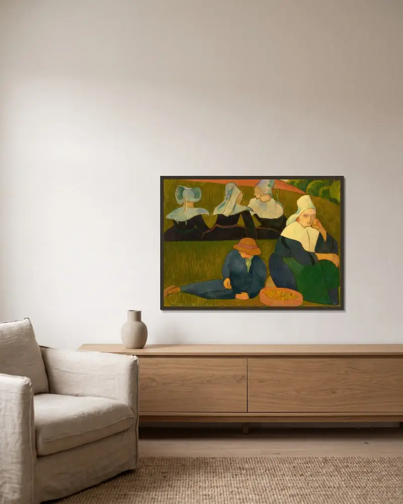 Bretonskt motiv (bretonska kvinnor på en äng) av Emile Bernard inramad på en vägg