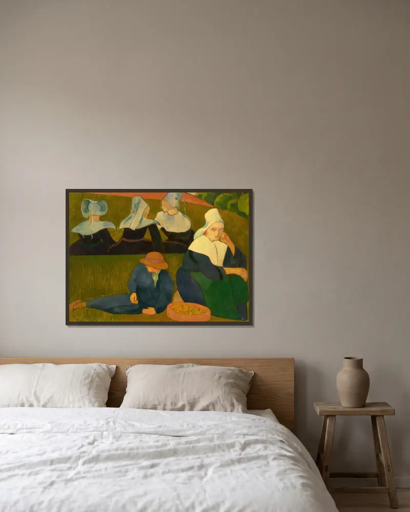 Bretonskt motiv (bretonska kvinnor på en äng) av Emile Bernard inramad på en vägg